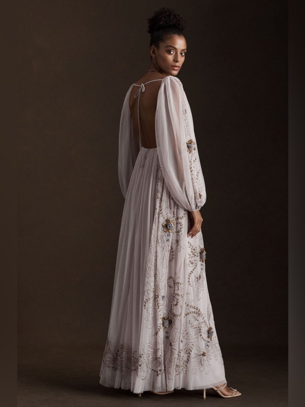 BHLDN Stargazer Purple Valetta Empire-Waist Puff-Sleeve Backless Gown - Picture 2 of 11